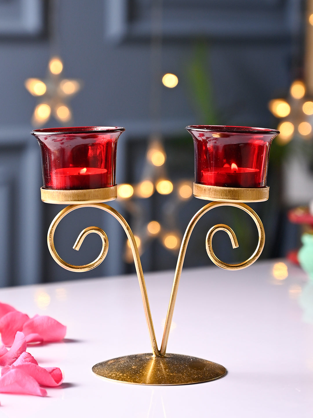 Red 2 Votive Candle Holder - Glass & Iron