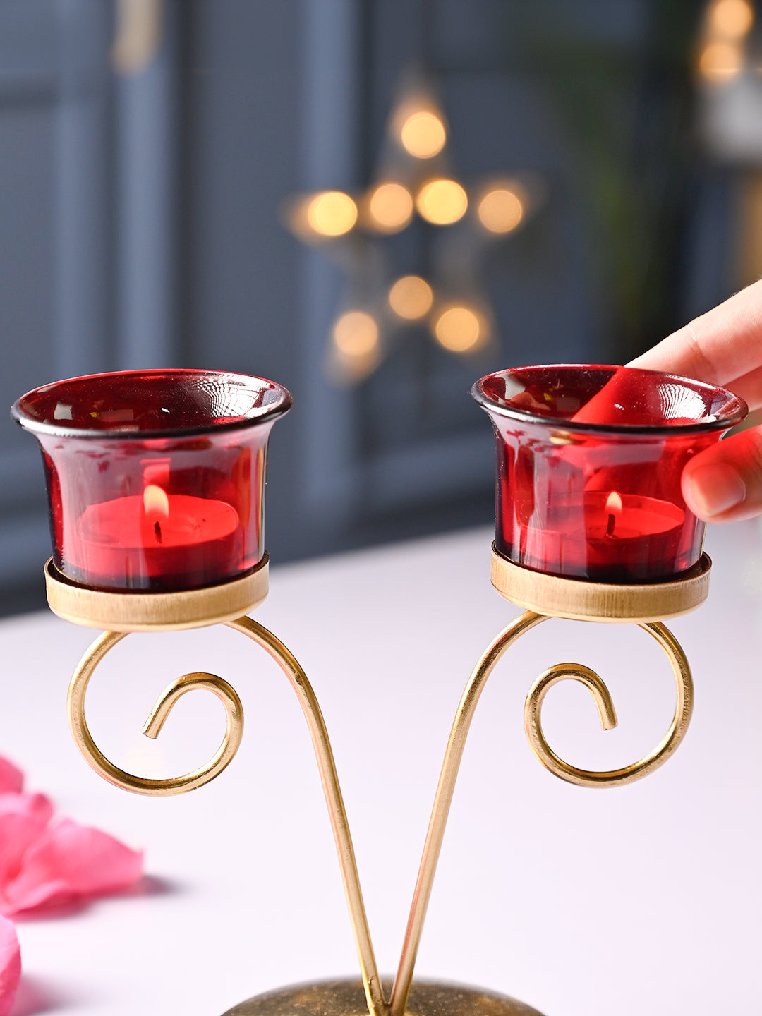 Red 2 Votive Candle Holder - Glass & Iron